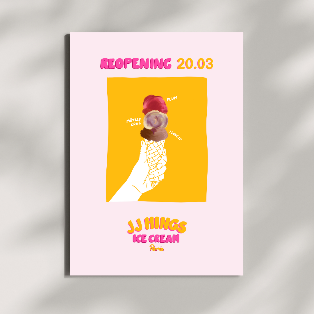 reopening-icecream-shop-jjhings-affiche-flyer-personnalisé-reouverture-ouverture-magasin-cremerie-fait-main-design