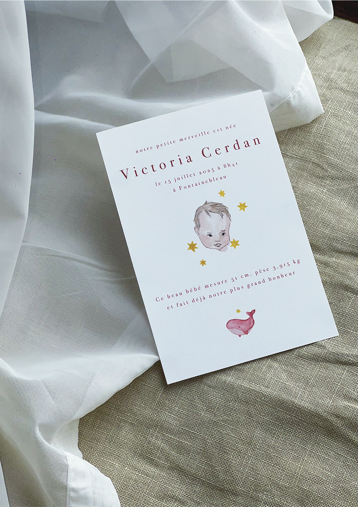 Faire-part de naissance sur mesure, illustration peinte à l'aquarelle